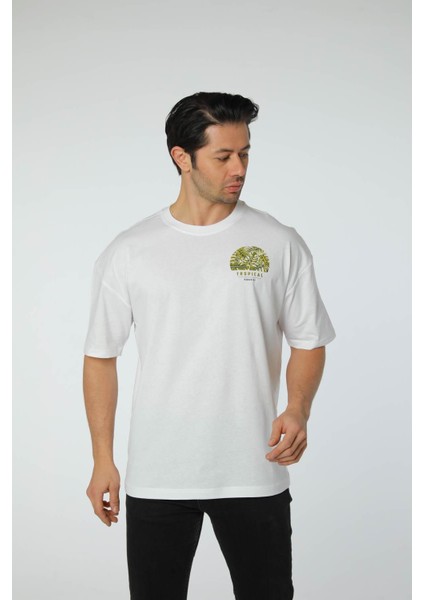Baskılı Oversize Bisiklet Yaka T-Shirt
