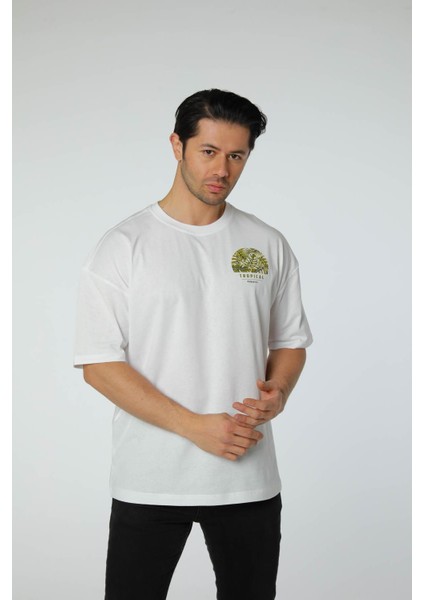 Baskılı Oversize Bisiklet Yaka T-Shirt