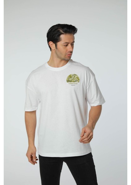 Baskılı Oversize Bisiklet Yaka T-Shirt