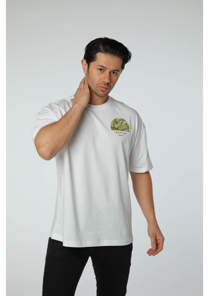 Baskılı Oversize Bisiklet Yaka T-Shirt
