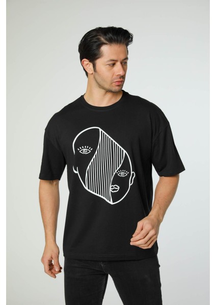 Baskılı Oversize Bisiklet Yaka T-Shirt