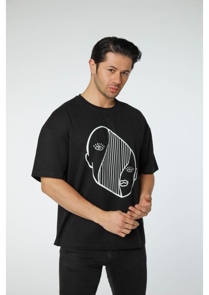 Baskılı Oversize Bisiklet Yaka T-Shirt