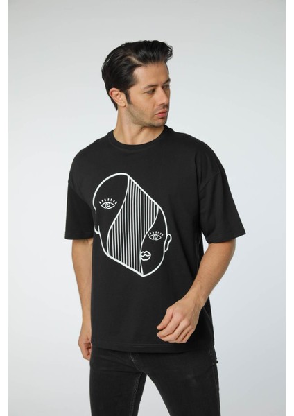 Baskılı Oversize Bisiklet Yaka T-Shirt