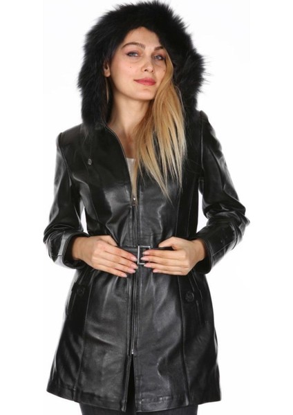 Hakiki Deri Kemerli Fermuarlı Kapşonlu Kadın Deri Ceket Siyah fırsatları