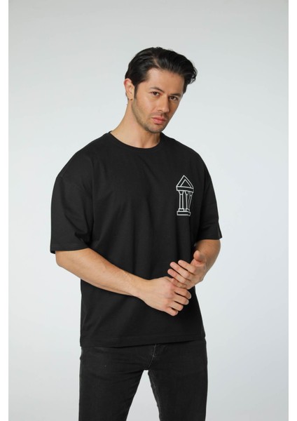 Baskılı Oversize Bisiklet Yaka T-Shirt