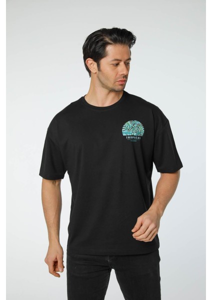Baskılı Oversize Bisiklet Yaka T-Shirt