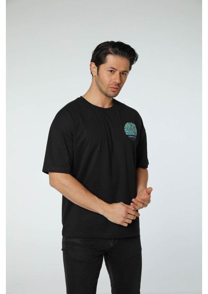 Baskılı Oversize Bisiklet Yaka T-Shirt