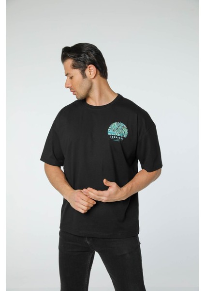 Baskılı Oversize Bisiklet Yaka T-Shirt