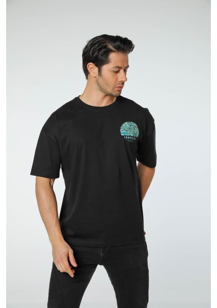 Baskılı Oversize Bisiklet Yaka T-Shirt