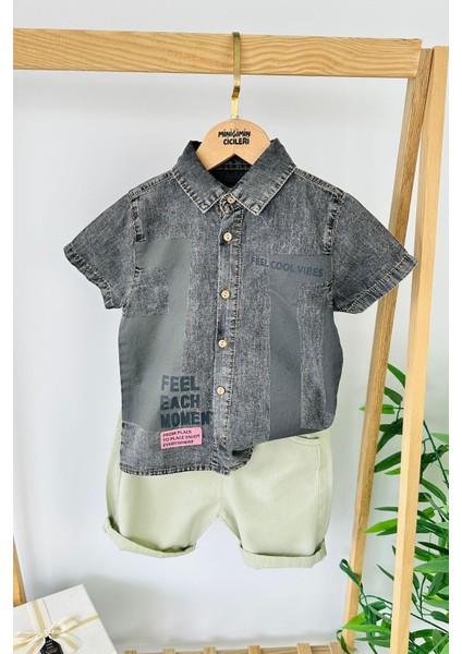 “feel Cool Vibes” Yazılı Erkek Çocuk Kot şortlu takım - Gri