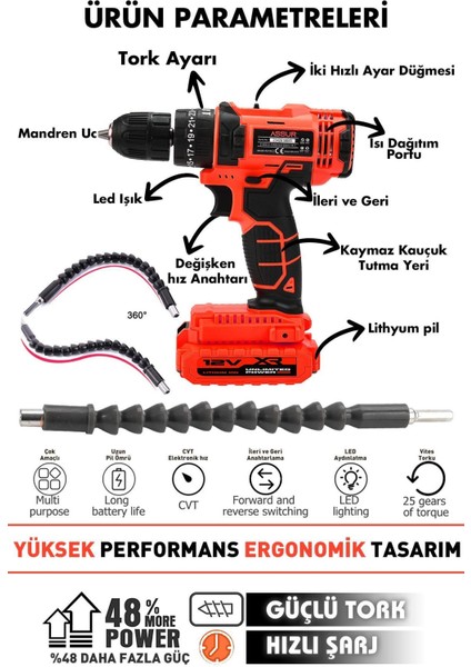 12V Metal Şanzıman Çift Akülü Şarjlı Darbeli Matkap Akülü Vidalama fiyatları