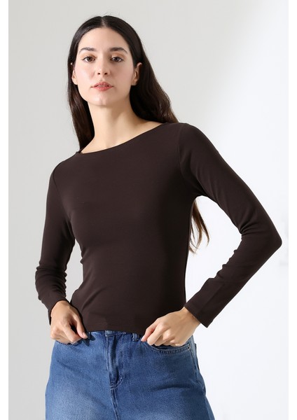 Uzun Kollu Kayık Yaka Vücudu Saran Basic Kadın Body T-Shirt 21897 Kahve