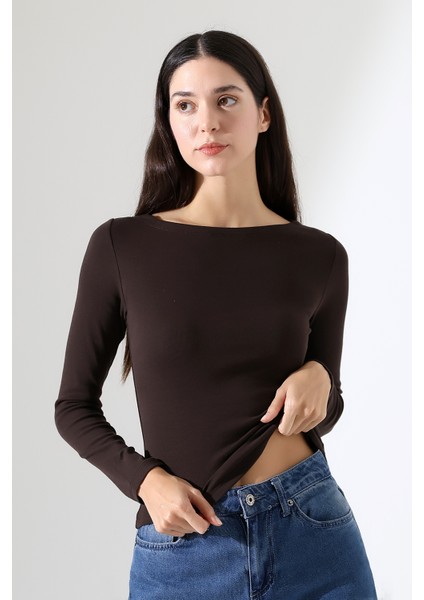 Uzun Kollu Kayık Yaka Vücudu Saran Basic Kadın Body T-Shirt 21897 Kahve modelleri