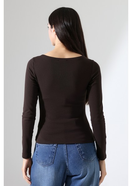 Uzun Kollu Kayık Yaka Vücudu Saran Basic Kadın Body T-Shirt 21897 Kahve fırsatları