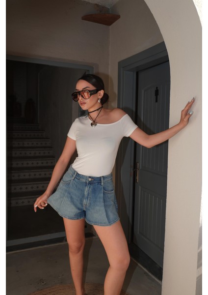 Kadın Ekru Kayık Yaka Pamuk Kumaş Kısa Kollu Body 29129 fiyatları