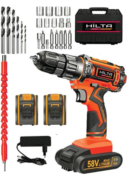 Germany Technology Drive 58 V 10 Ah Çift Akülü Metal Şanzuman Darbeli Şarjlı Matkap 27 Pcs Set