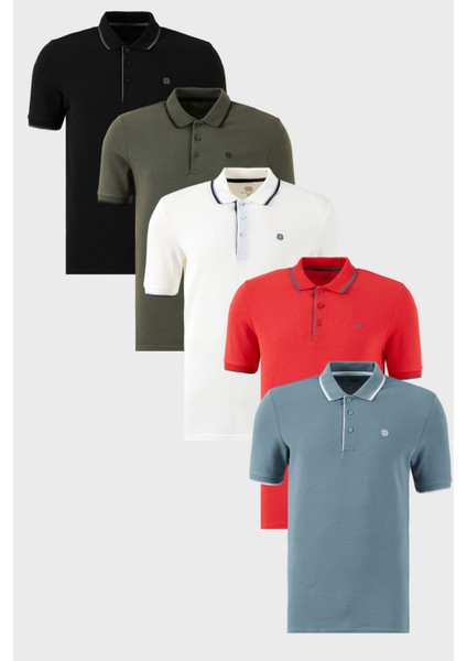 Pamuklu Slim Fit Şerit Detaylı Düğmeli Polo Yaka 5'li Paket T Shirt Erkek T Shirt 5902118S5