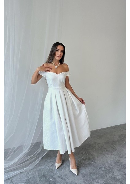 Ekru Jakarlı Elbise