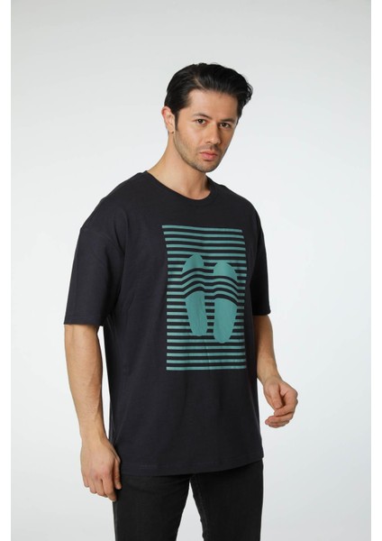 Baskılı Oversize Bisiklet Yaka T-Shirt