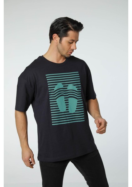 Baskılı Oversize Bisiklet Yaka T-Shirt