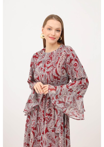 Kolları Fıfırlı Desenli Elbise Bordo