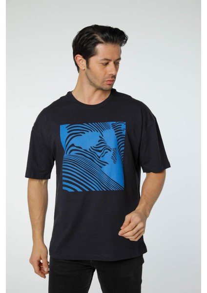 Baskılı Oversize Bisiklet Yaka T-Shirt