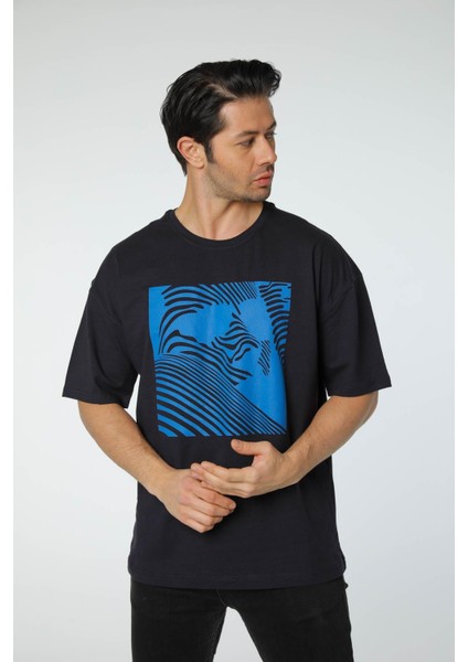 Baskılı Oversize Bisiklet Yaka T-Shirt