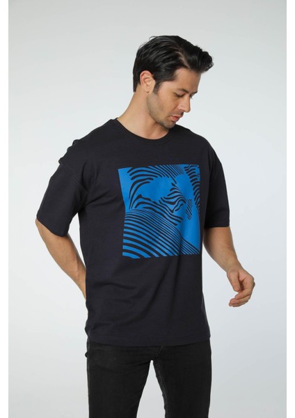 Baskılı Oversize Bisiklet Yaka T-Shirt