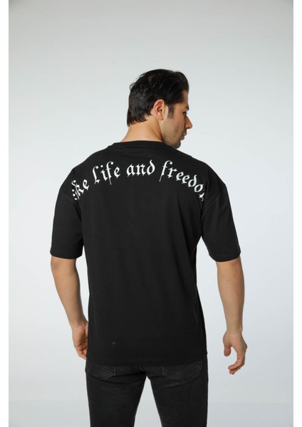 Baskılı Oversize Bisiklet Yaka T-Shirt