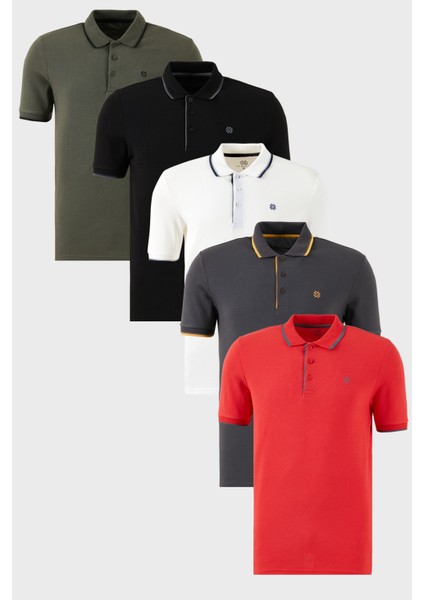 Pamuklu Slim Fit Şerit Detaylı Düğmeli Polo Yaka 5'li Paket T Shirt Erkek T Shirt 5902118S5