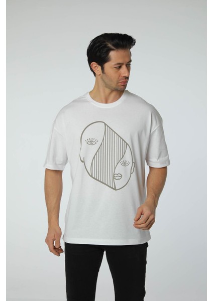 Baskılı Oversize Bisiklet Yaka T-Shirt