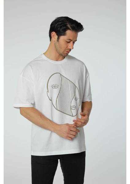Baskılı Oversize Bisiklet Yaka T-Shirt
