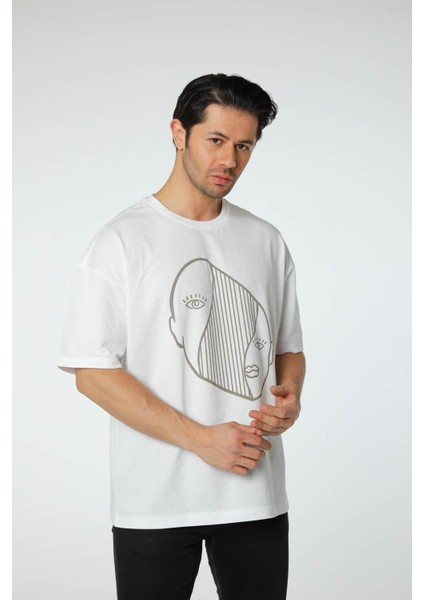 Baskılı Oversize Bisiklet Yaka T-Shirt