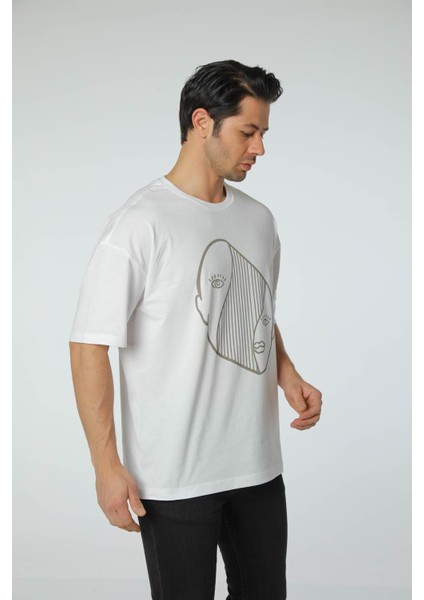 Baskılı Oversize Bisiklet Yaka T-Shirt