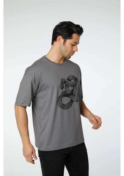 Baskılı Oversize Bisiklet Yaka T-Shirt