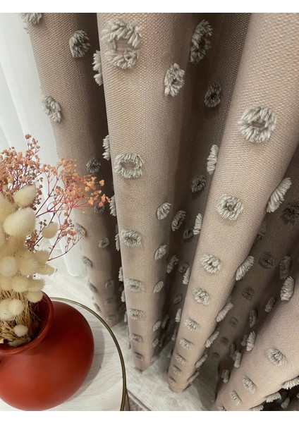 Vizon Renk Ponponlu Pufy Fon Perde 1/3 Sık Pile