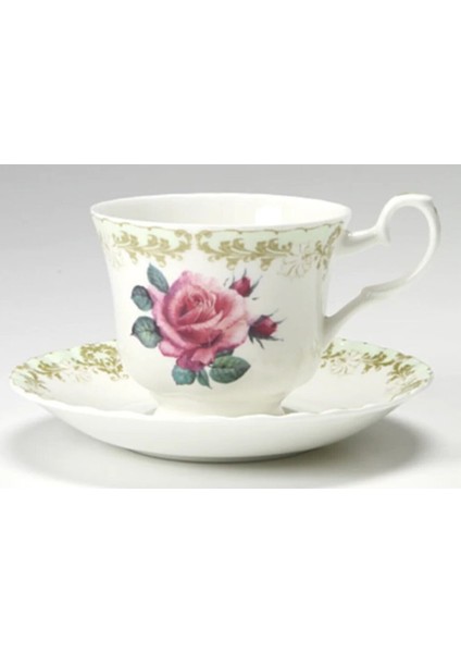 Vintage Rose Porselen 2'li Standart Çay Fincan Set Fine Bone China England 2012 Çiçek Yeşil