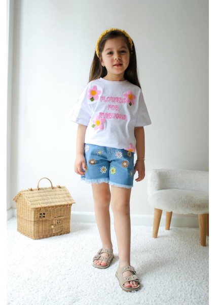 Nakışlı Flowers Çiçek Nakışlı T-Shirt Jean Püskül Paça Şort Nakışlı Detay Kız Çocuk Alt Üst Takım fiyatları