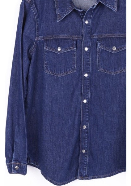 Klasik Yakalı Uzun Kollu Çıtçıt Kapama Detaylı Kadın Kot Gömlek Koyu Rins Denim Dört Mevsim