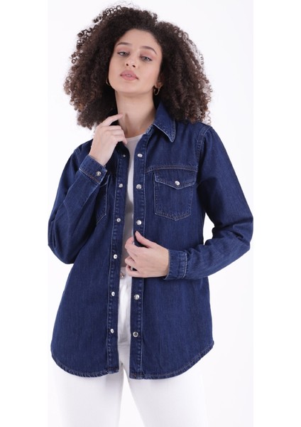 Klasik Yakalı Uzun Kollu Çıtçıt Kapama Detaylı Kadın Kot Gömlek Koyu Rins Denim Dört Mevsim fiyatları