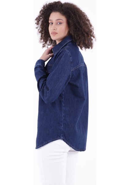 Klasik Yakalı Uzun Kollu Çıtçıt Kapama Detaylı Kadın Kot Gömlek Koyu Rins Denim Dört Mevsim modelleri