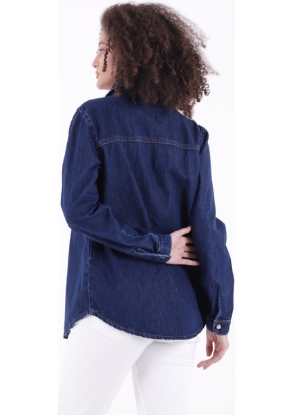 Klasik Yakalı Uzun Kollu Çıtçıt Kapama Detaylı Kadın Kot Gömlek Koyu Rins Denim Dört Mevsim indirimleri