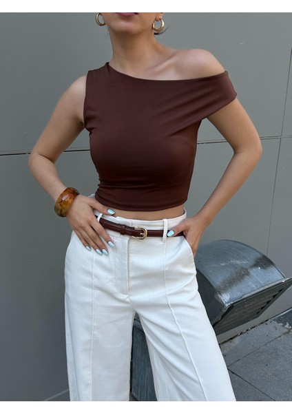 Kadın Kahve Sandy Kumaş Düşük Omuzlu Kalın Askılı Body 29127