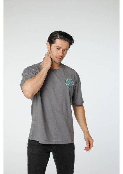 Baskılı Oversize Bisiklet Yaka T-Shirt