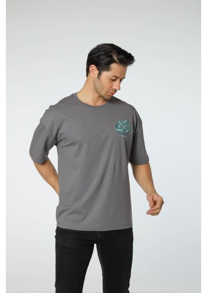 Baskılı Oversize Bisiklet Yaka T-Shirt