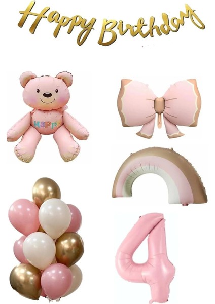 Yaş Balonlu Pembe Ayıcık Gökkuşağı Temalı Kız Bebek Konsept Doğum Günü Parti Seti Süsü