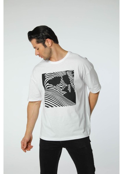 Baskılı Oversize Bisiklet Yaka T-Shirt