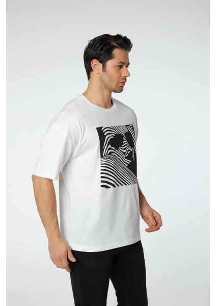Baskılı Oversize Bisiklet Yaka T-Shirt