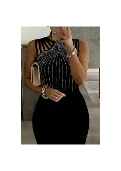 Kadın Omuz Çoklu Askılı Önü Taş Işlemeli Balık Kesim Janjan Krep Maxi Boy Elbise