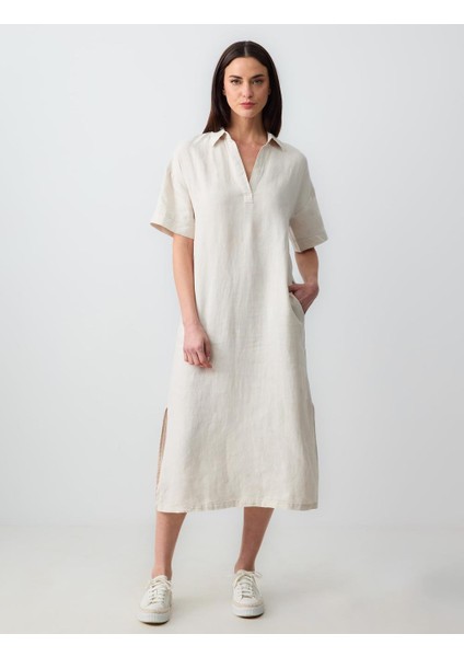 Taş Rahat Kesim Gömlek Yaka Kısa Kollu Keten Midi Elbise
